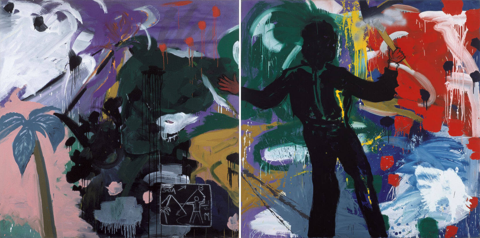Selbst in asiatischer Landschaft, 1976 | Kreide, Leimfarbe, Spraylack/Leinwand | 200 × 400 cm, 2-teilig | WVZ 004