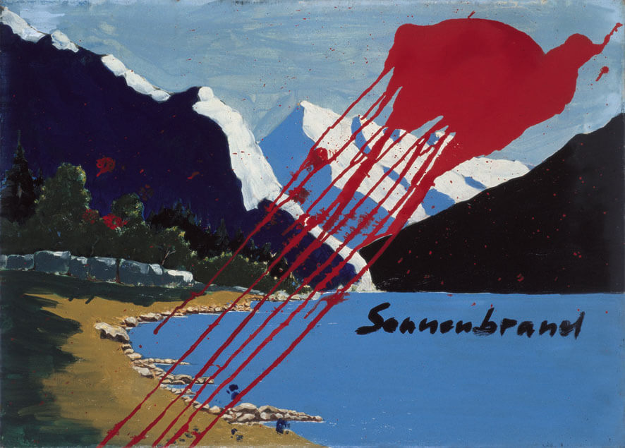 Sonnenbrand, 1976 | Lack, Leimfarbe auf zuvorvon anderer Hand bemalter Leinwand | 65 × 90 cm | WVZ 007