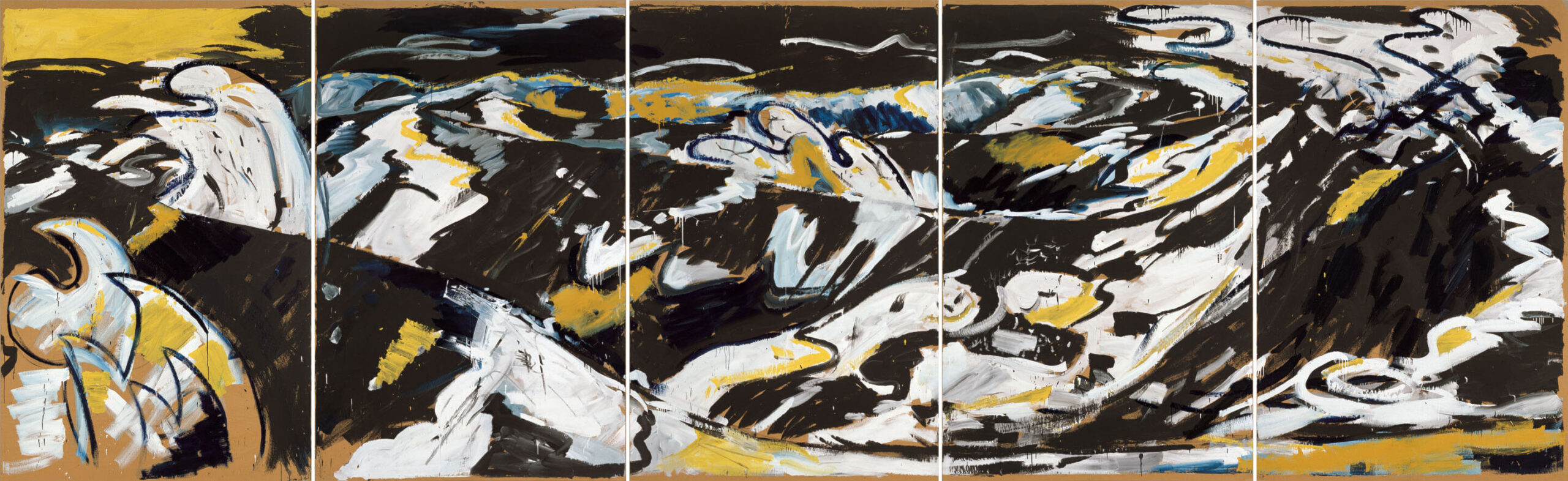 Flut, 1977 | Kohle, Leimfarbe auf papierkaschierter Leinwand | 300 × 1000 cm, 5-teilig | WVZ 036