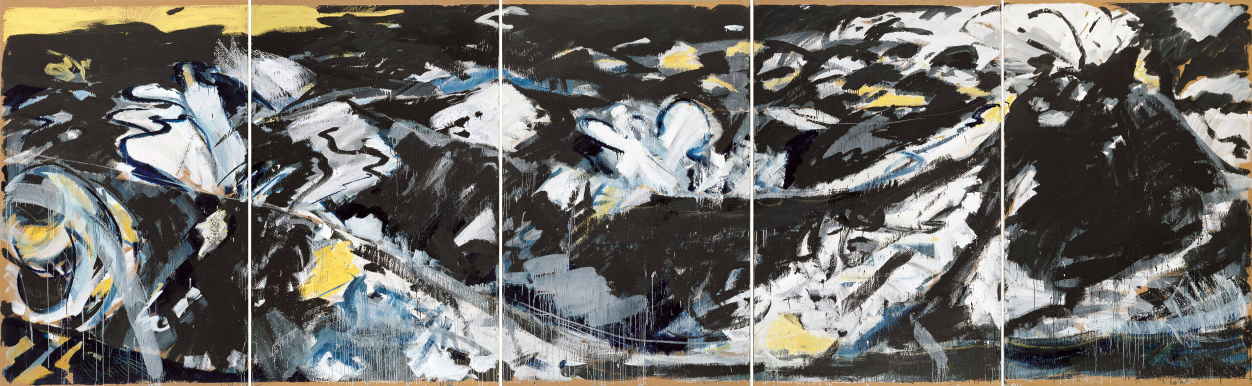 Flut, 1977 | Dispersion, Kohle, Leimfarbe auf papierkaschierter Leinwand | 300 × 1000 cm, 5-teilig | WVZ 037
