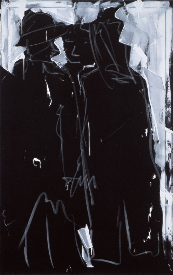 Bernd Zimmer | Drei Freunde im Regen, 1977 | Kreide, Leimfarbe auf schwarzem Stoff | 160 × 100 cm | WVZ 043