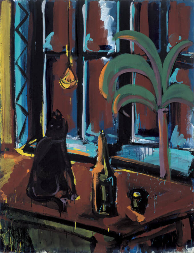 Interieur mit Palme und Katze, 1978 | Leimfarbe/Leinwand | 160 × 130 cm | WVZ 046