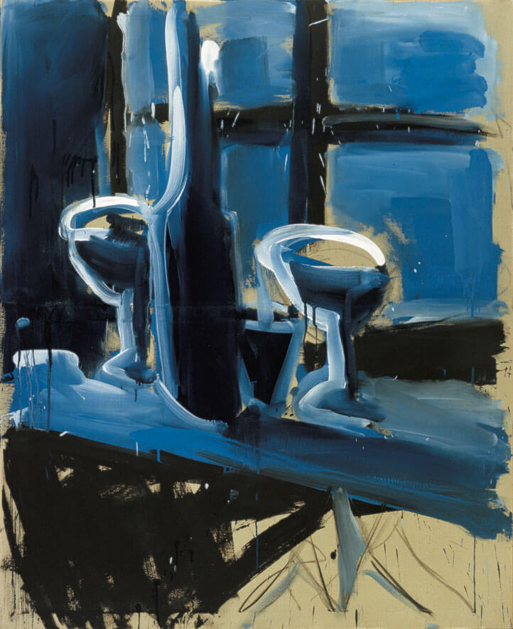 Bernd Zimmer | Interieur mit blauer Flasche, 1978 | Dispersion, Kohle/Leinwand | 160 × 130 cm | WVZ 050