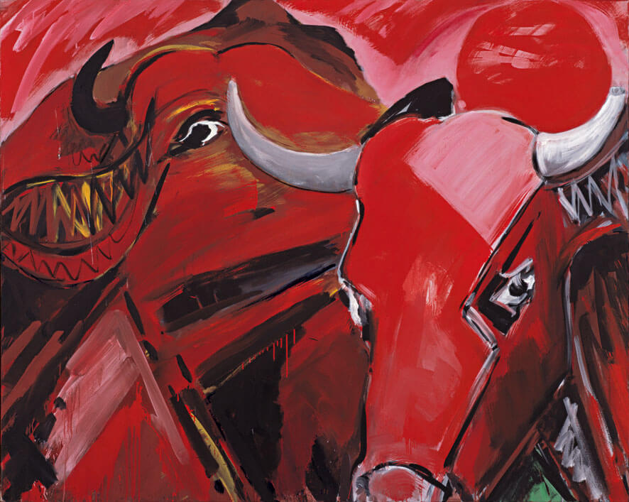 Kühe in der Abendsonne, 1980 | Dispersion/Leinwand | 160 × 200 cm | WVZ 160