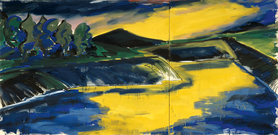 Am Abend, 1981 | Dispersion, Leimfarbe/Leinwand | 200 × 411 cm, 2-teilig | WVZ 239