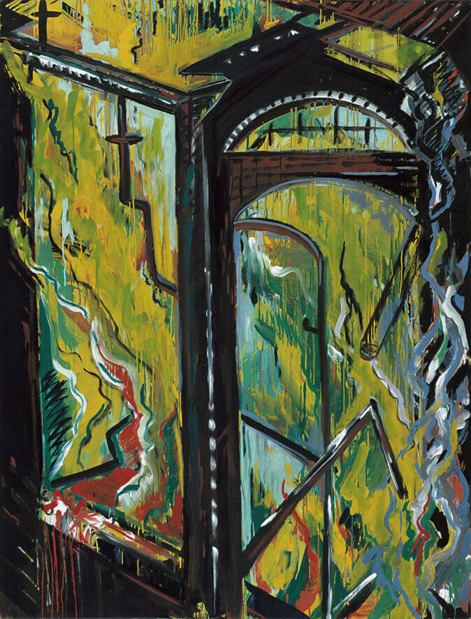 Brennende Fabrik II, 1981 | Dispersion, Lack, Öl, Spray/Leinwand | 210 × 160 cm | WVZ 263
