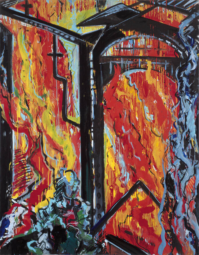 Bernd Zimmer | Brennende Fabrik III, 1981 | Dispersion, Lack, Öl, Spray/Leinwand | 205 × 160 cm | WVZ 264