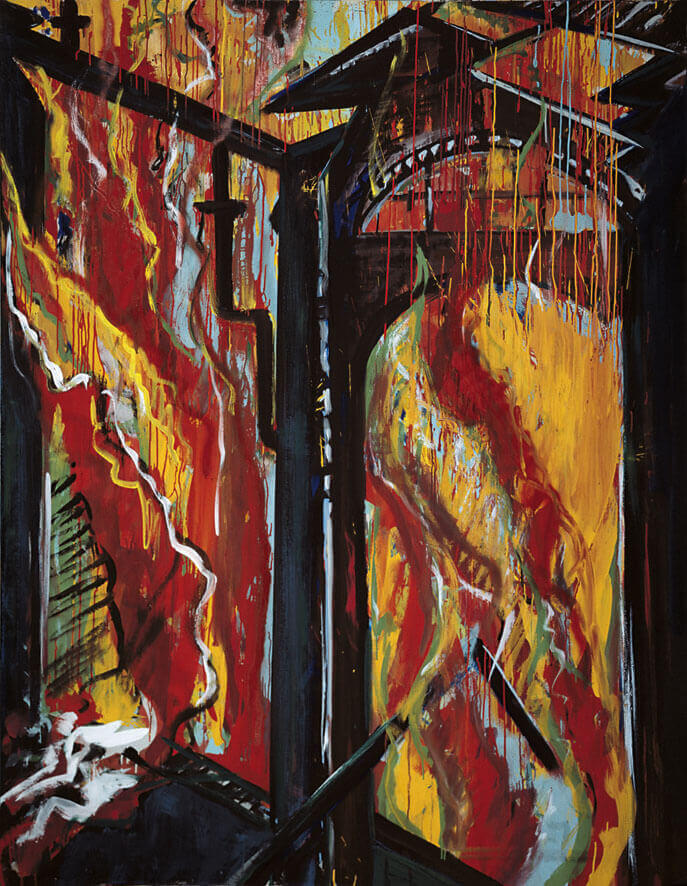 Bernd Zimmer | Brennende Fabrik IV, 1981 | Dispersion, Lack, Öl, Spray/Leinwand | 210 × 160 cm | WVZ 265