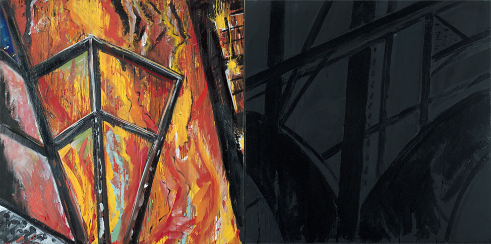 Bernd Zimmer | Großes Feuerbild, 1982 | Dispersion, Lack, Öl/Leinwand | 200 × 400 cm, 2-teilig | WVZ 271