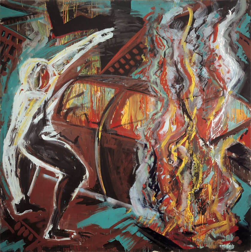 Auto, brennend (Steinwurf), 1982 | Acryl, Dispersion/Leinwand | 240 × 240 cm | WVZ 272