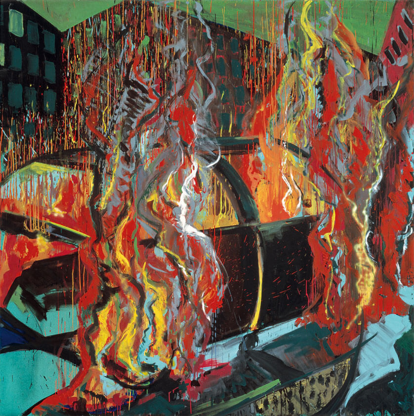 Auto, brennend (Bullenwinkel), 1982 | Dispersion, Lack, Öl, Spray/Leinwand | 240 × 240 cm | WVZ 273