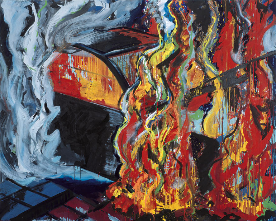 Auto, brennend, 1982 | Kreide, Lack, Leimfarbe, Öl, Spray/Leinwand | 200 × 250 cm | WVZ 274