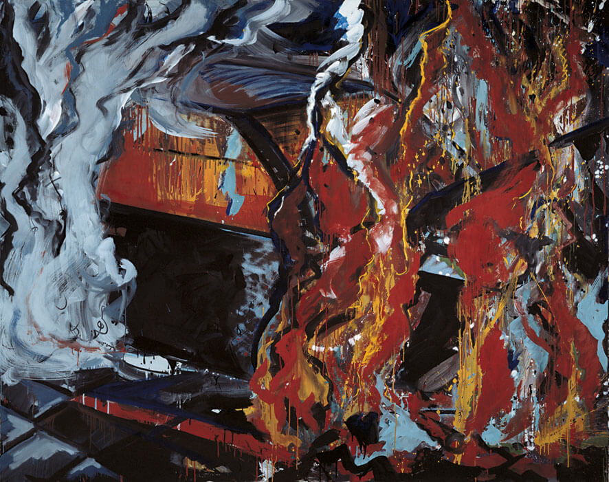 Bernd Zimmer | Auto, brennend, 1982 | Kreide, Lack, Leimfarbe, Öl, Spray/Leinwand | 200 × 250 cm | WVZ 275