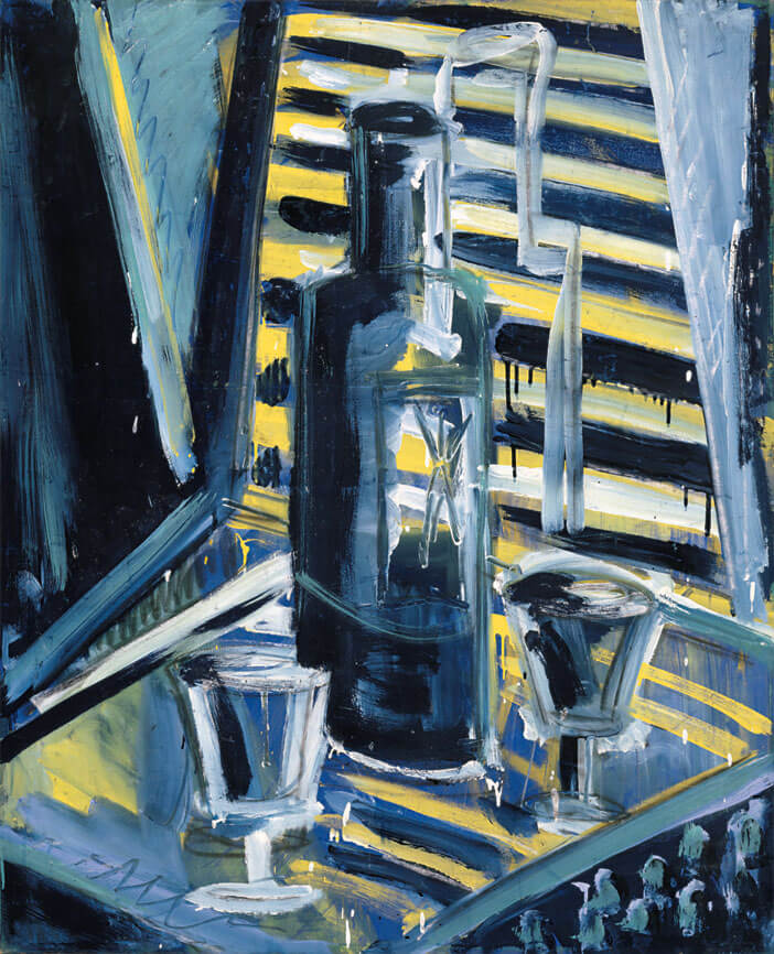 Flasche und Jalousie, 1982 | Leimfarbe/Leinwand | 160 × 130 cm | WVZ 277