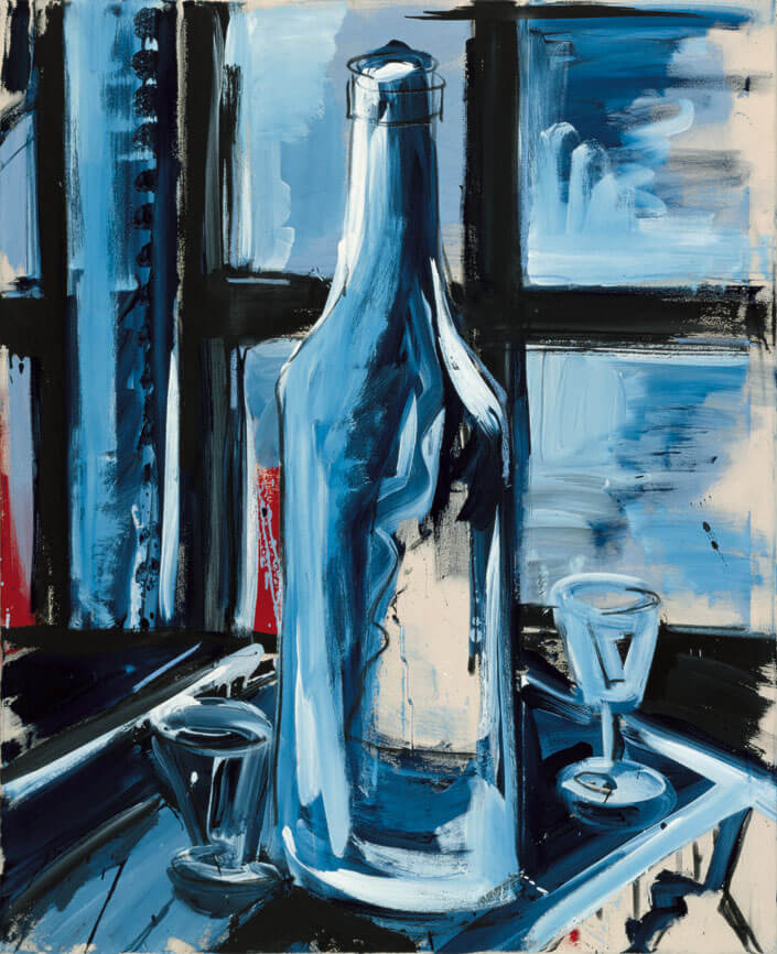 Stilleben mit Flasche, 1982 | Dispersion, Kreide, Lack/Leinwand | 160 × 130 cm | WVZ 314