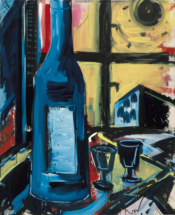 Stilleben mit Flasche, 1982 | Dispersion, Kreide, Lack/Leinwand | 160 × 130 cm | WVZ 315
