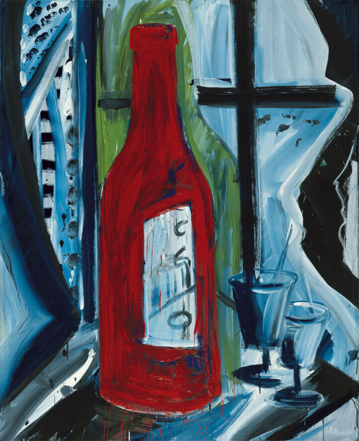 Stilleben mit Flasche, 1982 | Dispersion, Kreide, Lack/Leinwand | 160 × 130 cm | WVZ 316