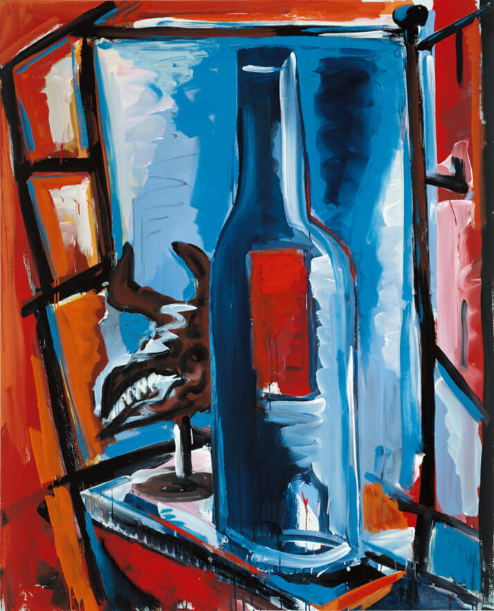Bernd Zimmer | Stilleben mit Flasche, 1983 | Dispersion, Öl/Leinwand | 160 × 130 cm | WVZ 317