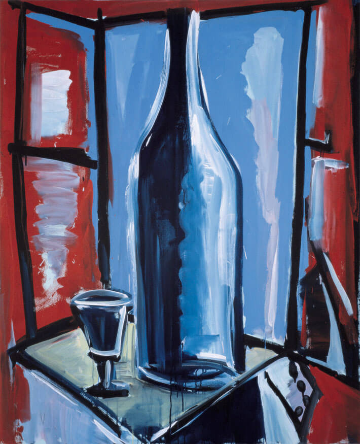 Bernd Zimmer | Stilleben mit Flasche, 1983 | Dispersion, Öl/Leinwand | 160 × 130 cm | WVZ 318