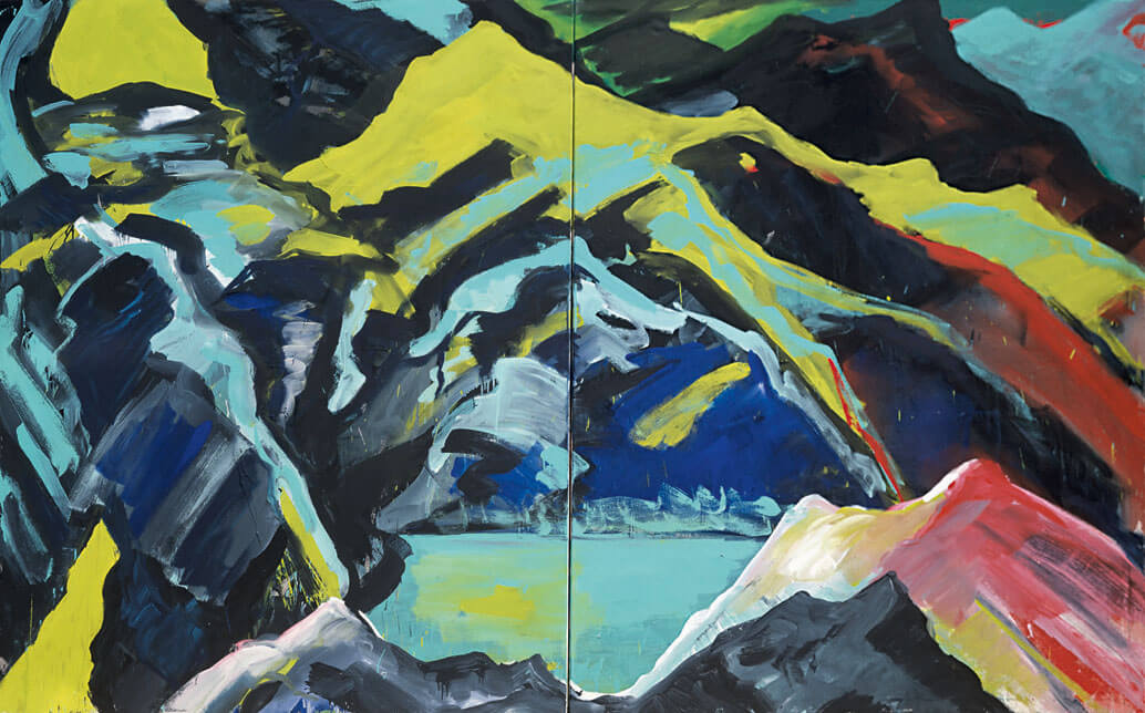 Bernd Zimmer | Aus der Ferne. (Höhle), 1983 | Dispersion/Leinwand | 200 × 320 cm, 2-teilig | WVZ 344