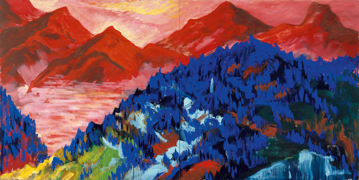 Bernd Zimmer | Blauer Hügel. Einsamkeit, 1983 | Dispersion, Öl/Leinwand | 230 × 460 cm, 2-teilig | WVZ 350