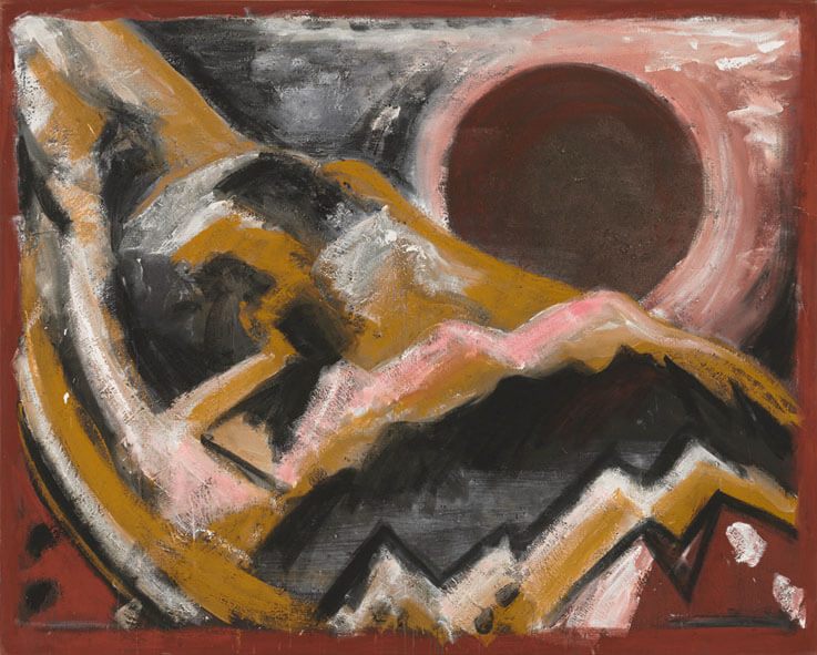 Bernd Zimmer | Steinerne Sonne, 1983 | Dispersion, Öl, Sand/Leinwand | 160 × 200 cm | WVZ 399