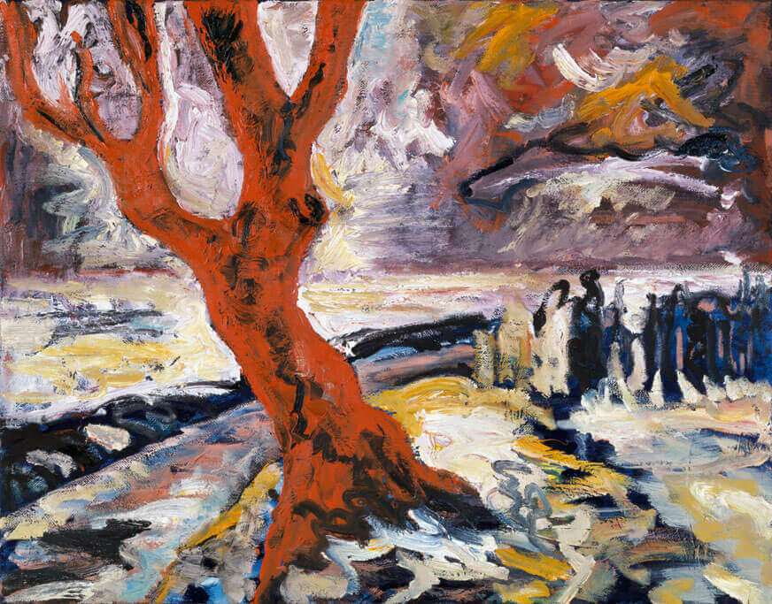 Roter Baum – Schnee, 1985 | Öl/Leinwand | 80 × 100 cm | WVZ 491