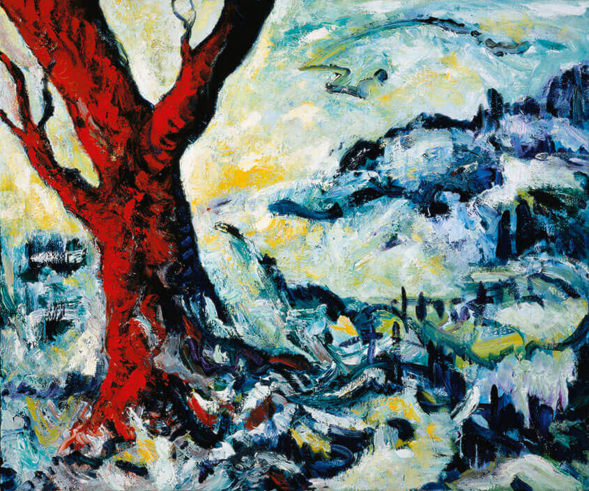 Bernd Zimmer | Verschneite Landschaft mit rotem Baum, 1985/86 | Öl/Leinwand | 100 × 120 cm | WVZ 492