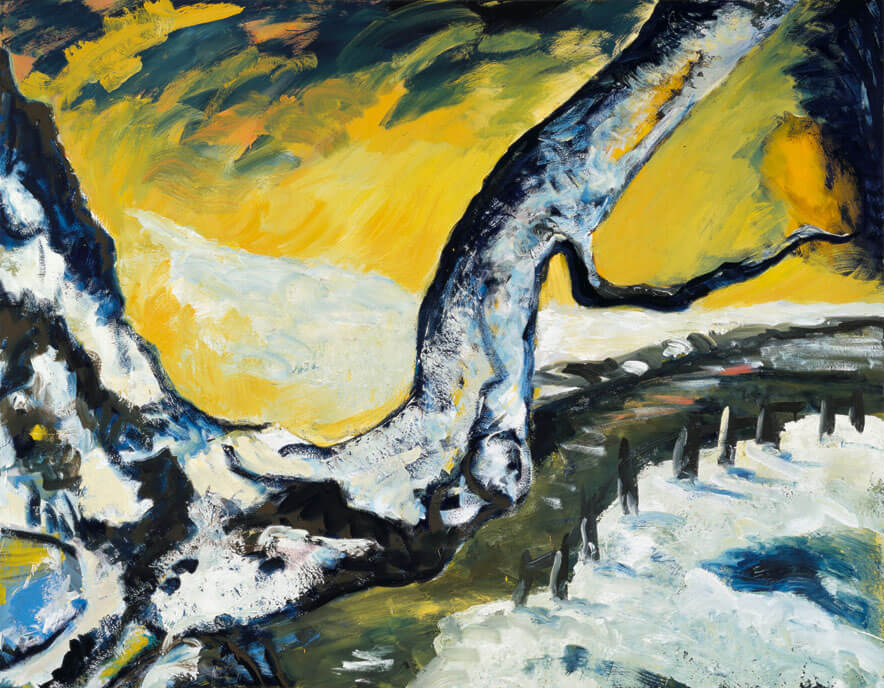 Überhängender Baum. Schnee, 1985 | Dispersion, Öl/Leinwand | 180 × 230 cm | WVZ 495