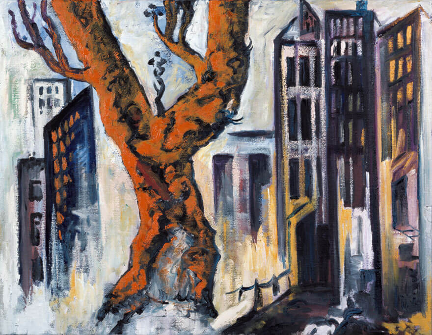 Bernd Zimmer | Baum. Stadt, 1985 | Öl/Leinwand | 80 × 100 cm | WVZ 500