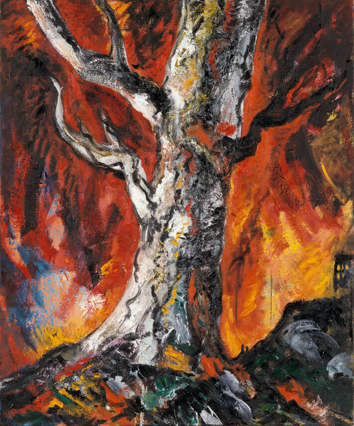 Bernd Zimmer | o.T. (Baum, roter Himmel), 1985 | Dispersion, Öl/Leinwand | 120 × 100 cm | WVZ 551