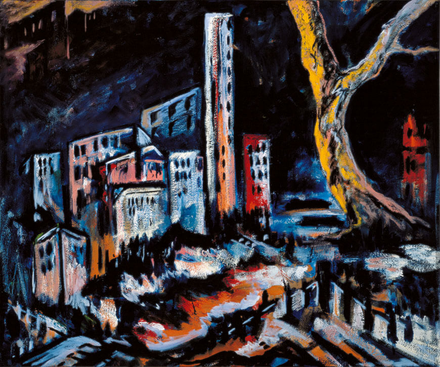 Stadt am Fluß (Bassano di Grappa), 1986 | Öl/Leinwand | 100 × 120 cm | WVZ 601