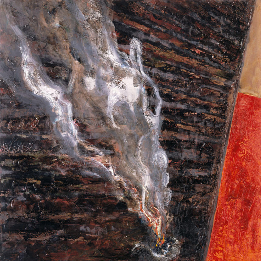Nr. 62 (R./Glut), 1988 | Acryl, Teer, Öl auf Holz | 120 × 120 cm | WVZ 732