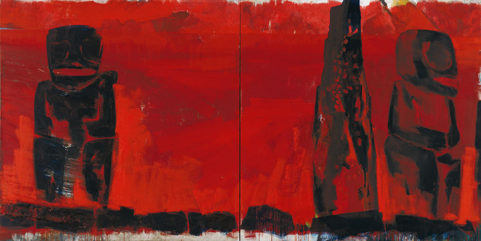 Bernd Zimmer | Bewacher. Mythos. Einsamkeit, 1996 | Acryl, Öl/Leinwand | 230 × 460 cm, 2teilig | WVZ 1326