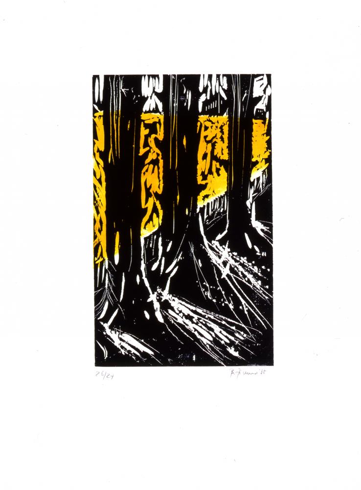 Bernd Zimmer | Im Schutz der Bäume (Blatt 5 der Folge „LICHTSPLITTER“), 1985 | 64,5 x 48,0 cm | 27 Exemplare | WVZ 005